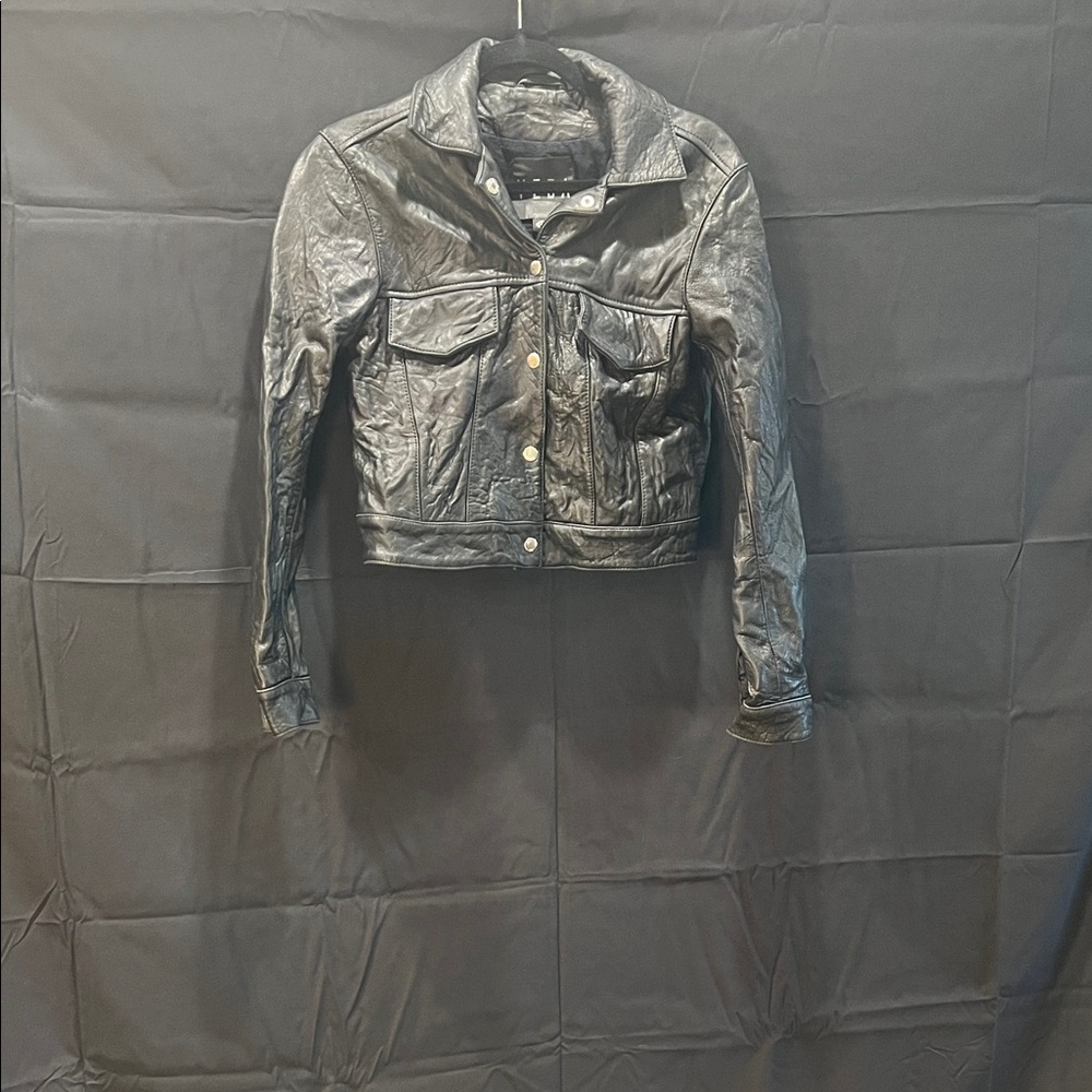 Veda Jet Black Leather Jacket with Silver Snaps